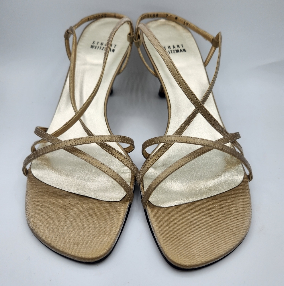 90's Stuart Weitzman gold foil/lame weave strappy heels